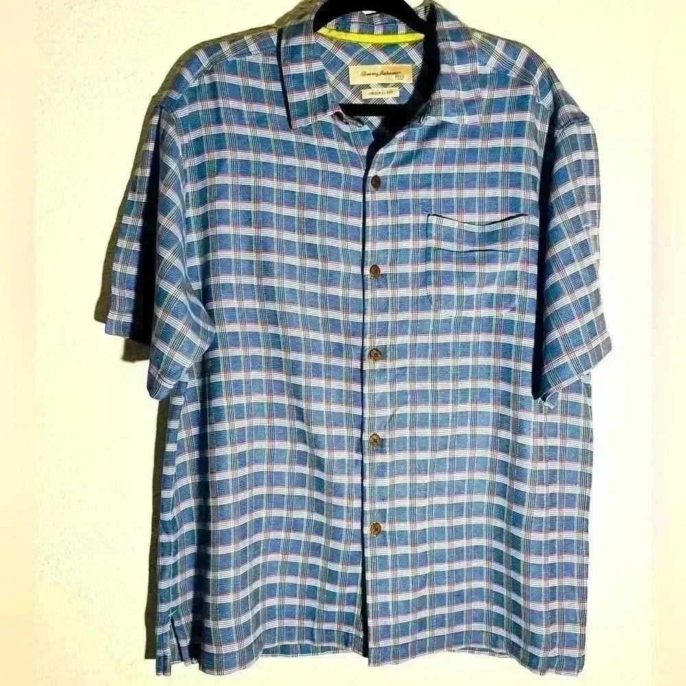 Men’s Tommy Bahama 100% Silk Plaid Shirt Blue Size L Original Fit